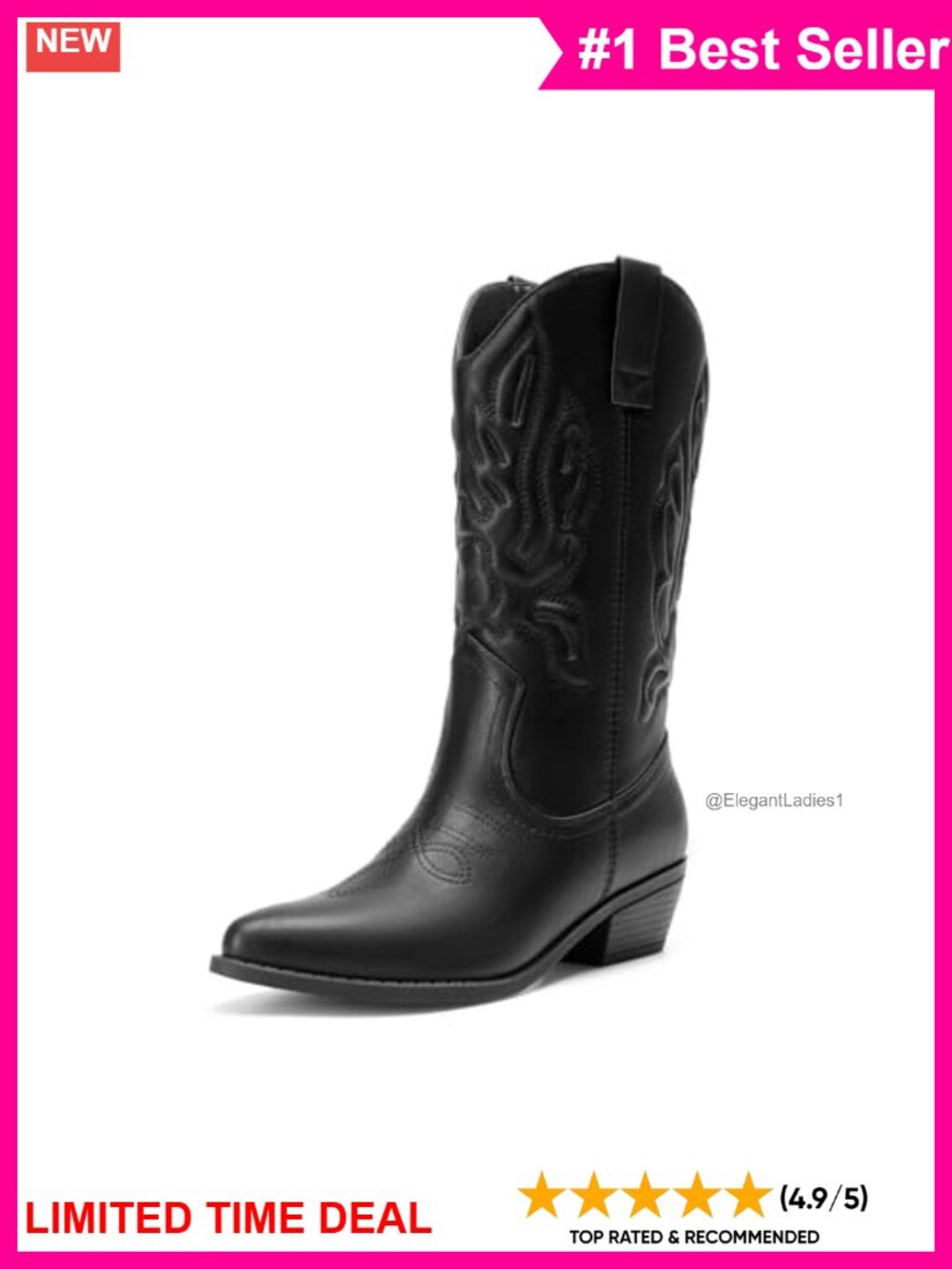 Women's Mid Calf Western Cowboy Boots Faux Leather Pointed Toe
